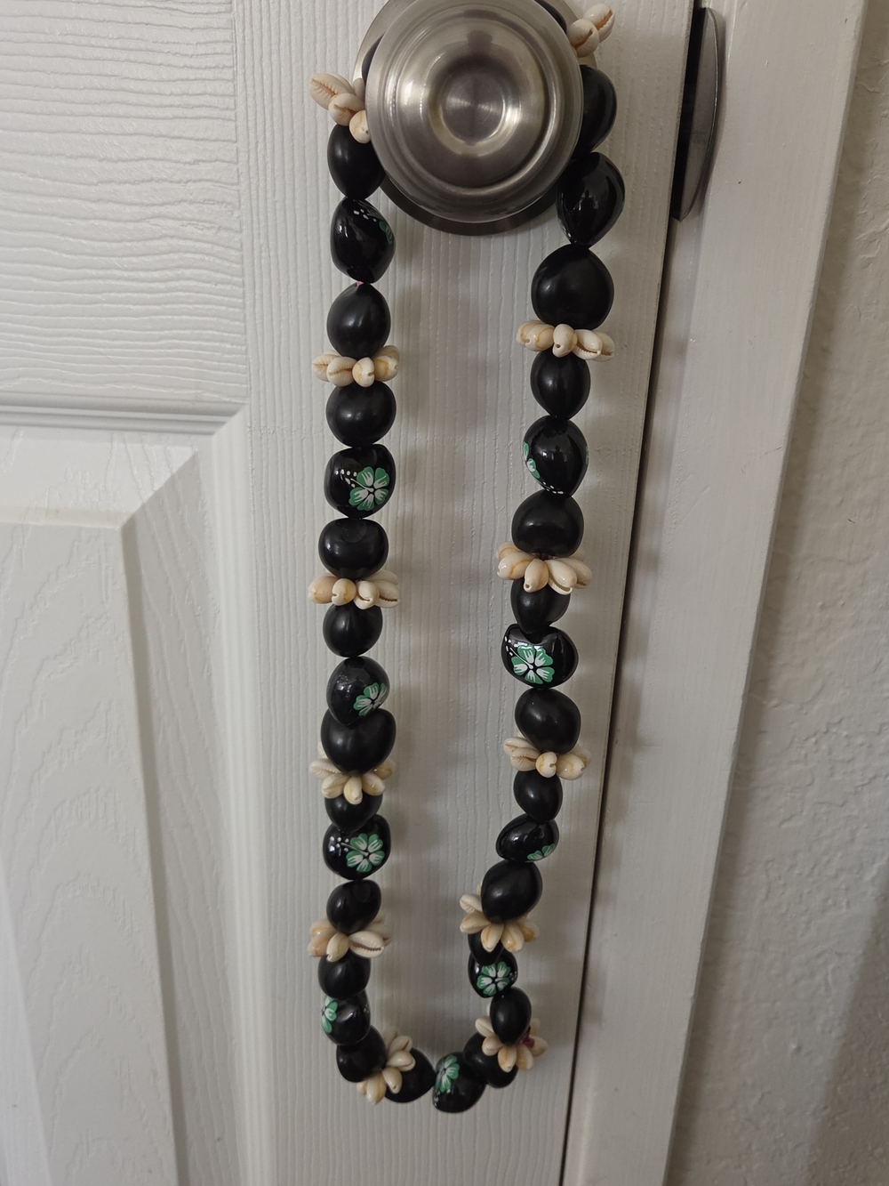 Handmade Black Shell Bead Necklace with Cream Accents